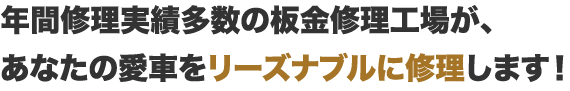 年間修理実績多数の板金修理工場が、あなたの愛車をリーズナブルに修理します！